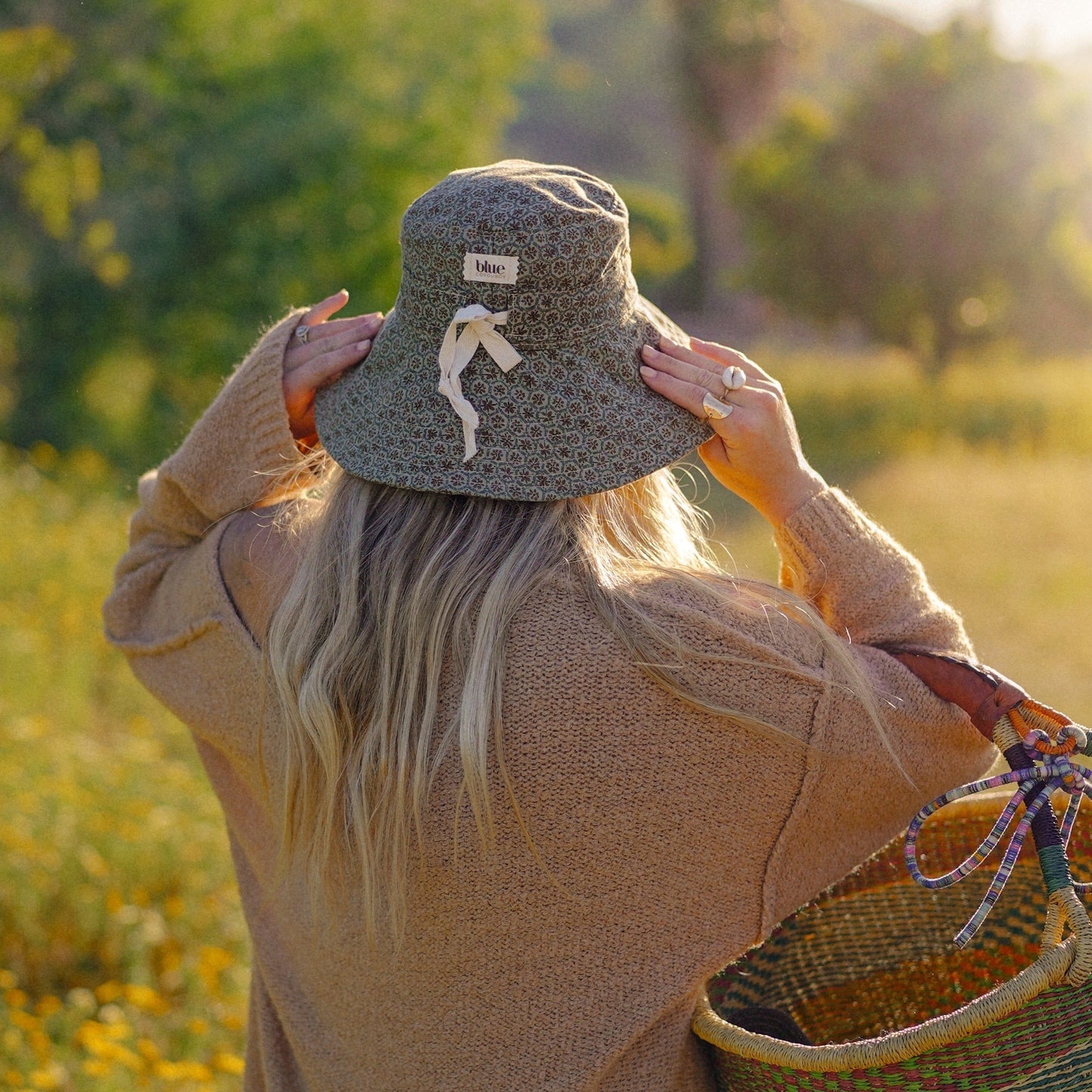 Cotton Wide Brim Sun Hat with Tie - Sage Floral