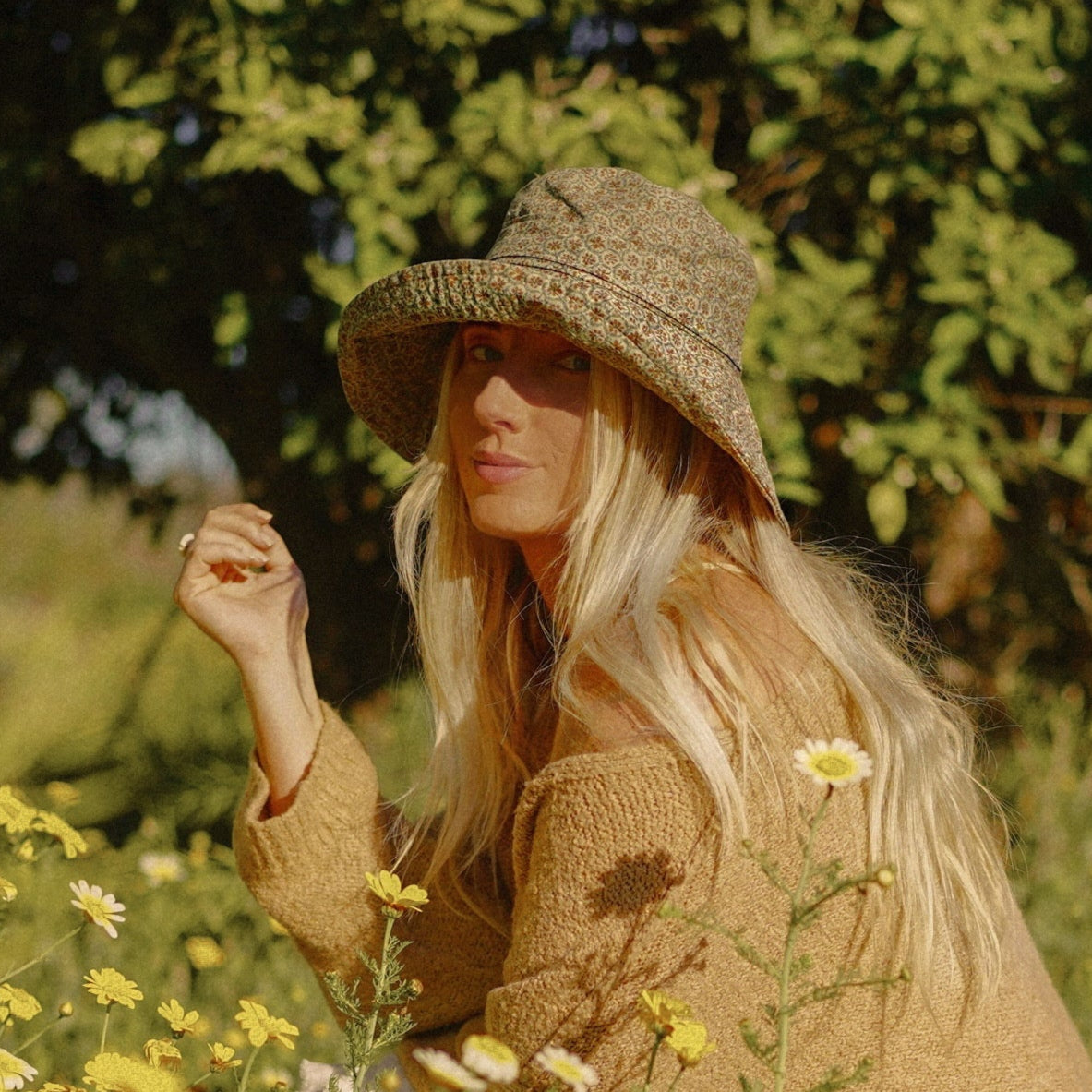Cotton Wide Brim Sun Hat with Tie - Sage Floral