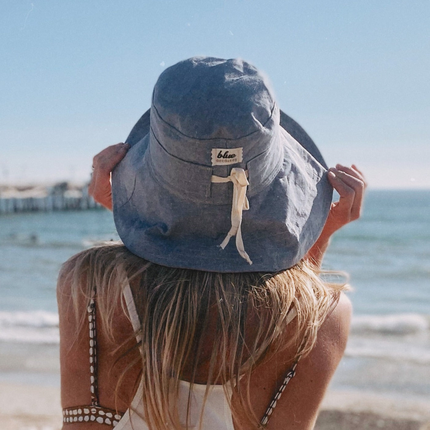 Linen Wide Brim Sun Hat with Tie - Sky Blue