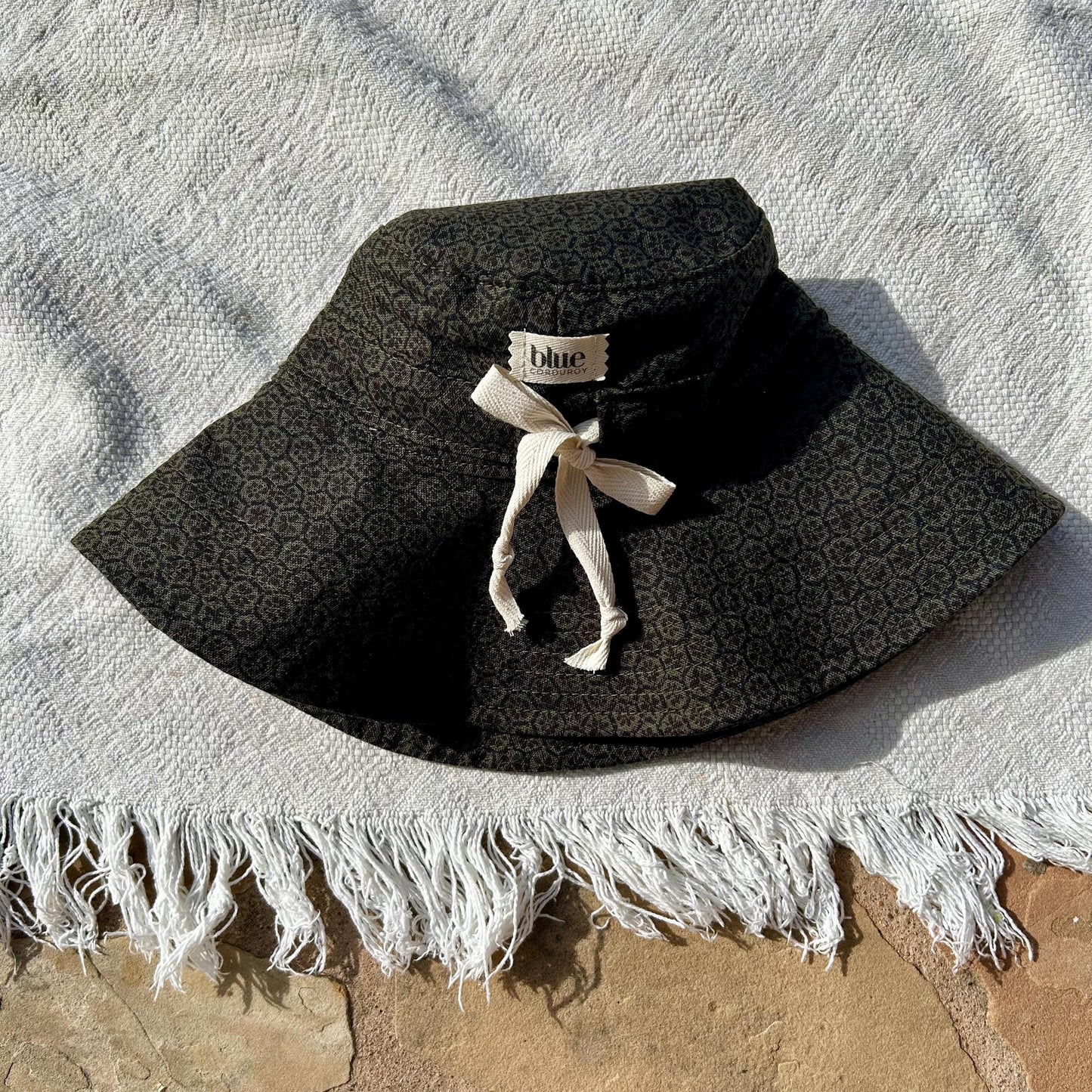 Cotton Wide Brim Sun Hat with Tie - Grey Floral