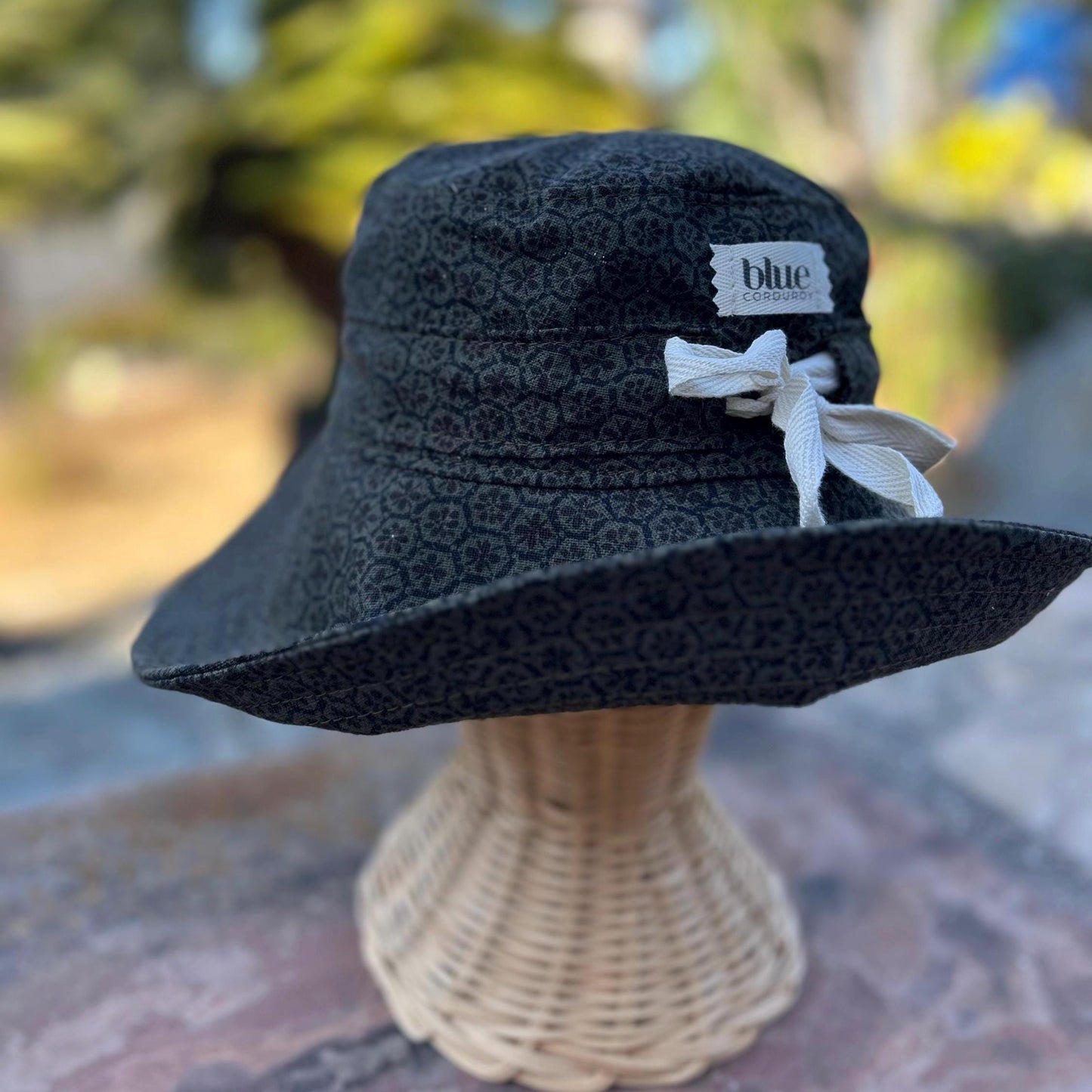Cotton Wide Brim Sun Hat with Tie - Grey Floral