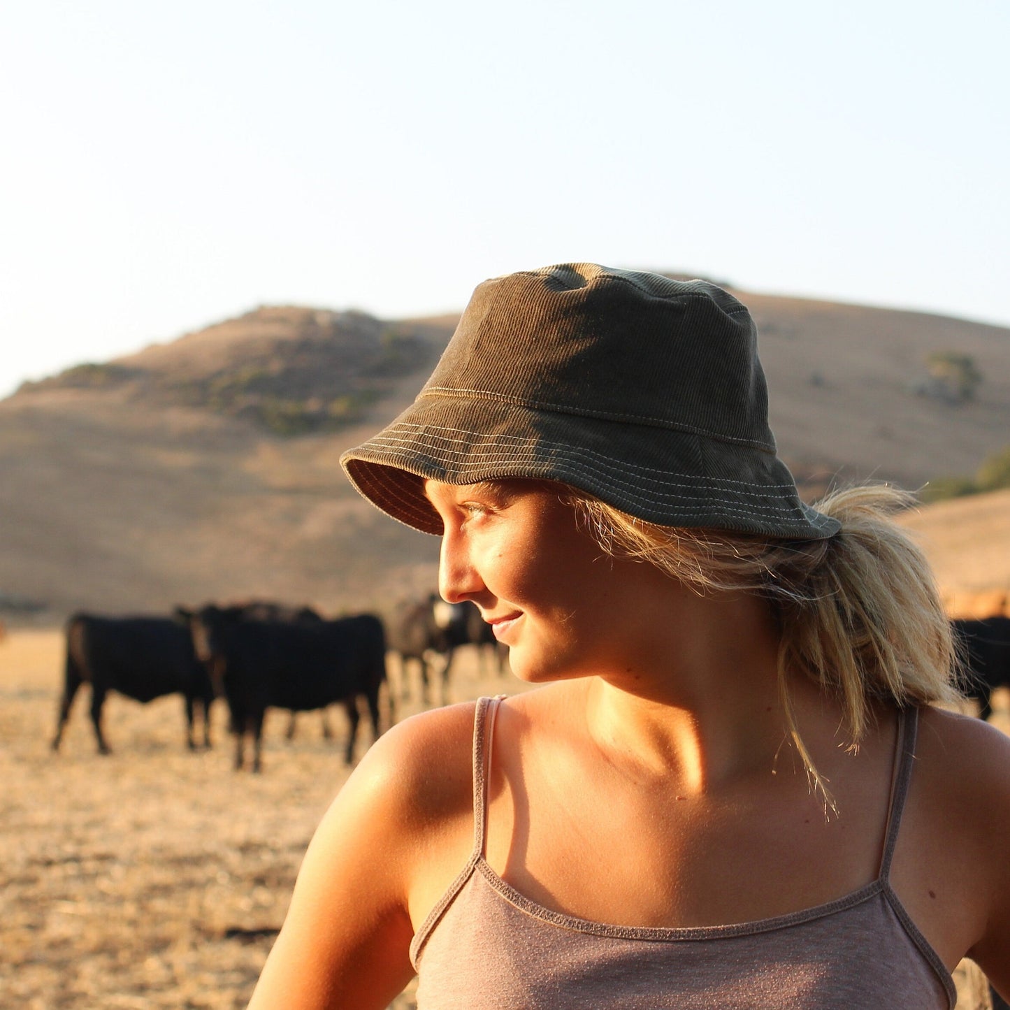 Bucket Sun Hat in Olive Green Corduroy for Women