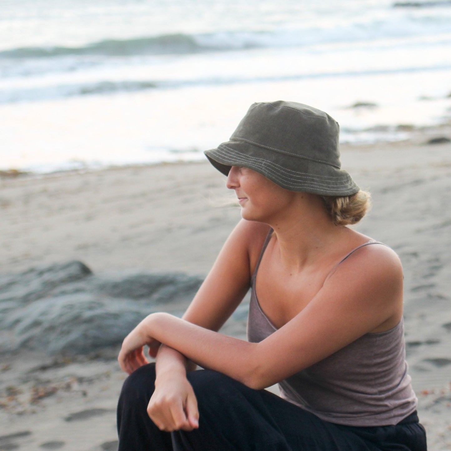Bucket Sun Hat in Olive Green Corduroy for Women