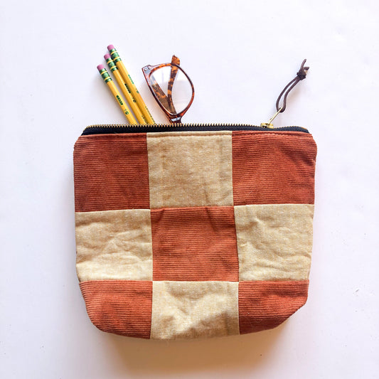 Checkered Bag, Patchwork Zipper Pouch, Corduroy Make up Bag, Back to School Pencil Holder, Fabric Toiletry Pouch, Fall Gifts for Her