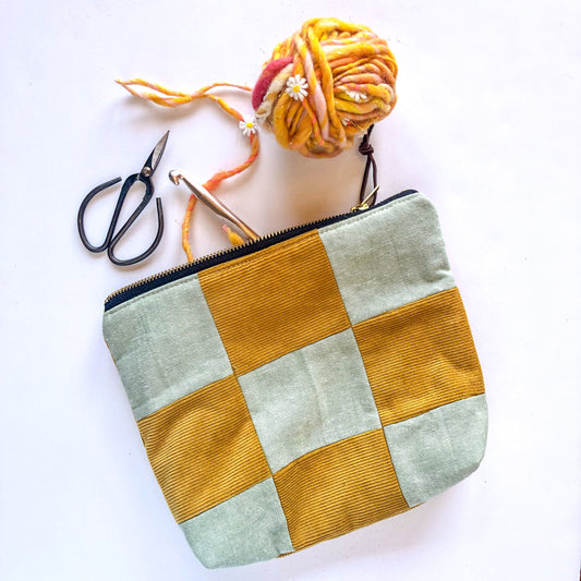 Small Patchwork Purse, Corduroy Pouch, Kniting Accessories Pouch, Fabric Toiletry Bag, Zipper Cosmetics Bag, Fall Gifts for Her