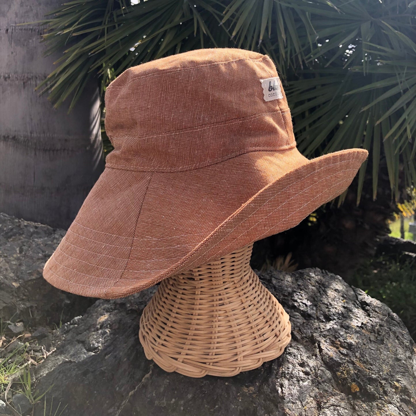 Linen Sun Hat, Wide Brim, Gardening Hat, Womens Summer Accessory, Foldable Beach Hat, Beach Vacation Accessory, Rust Brim Hat