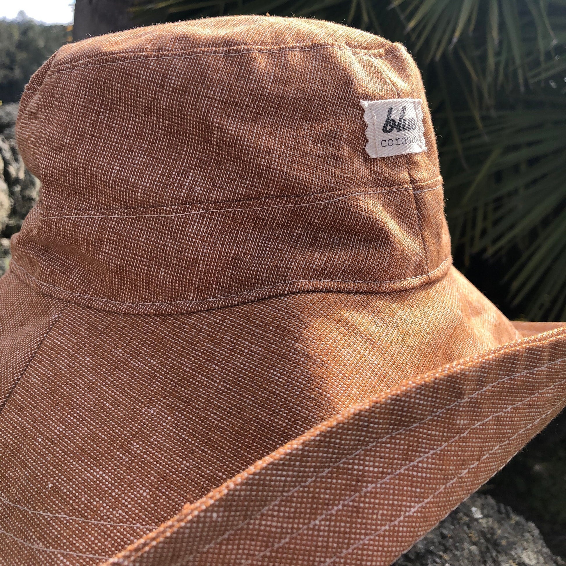 Linen Sun Hat, Wide Brim, Gardening Hat, Womens Summer Accessory, Foldable Beach Hat, Beach Vacation Accessory, Rust Brim Hat