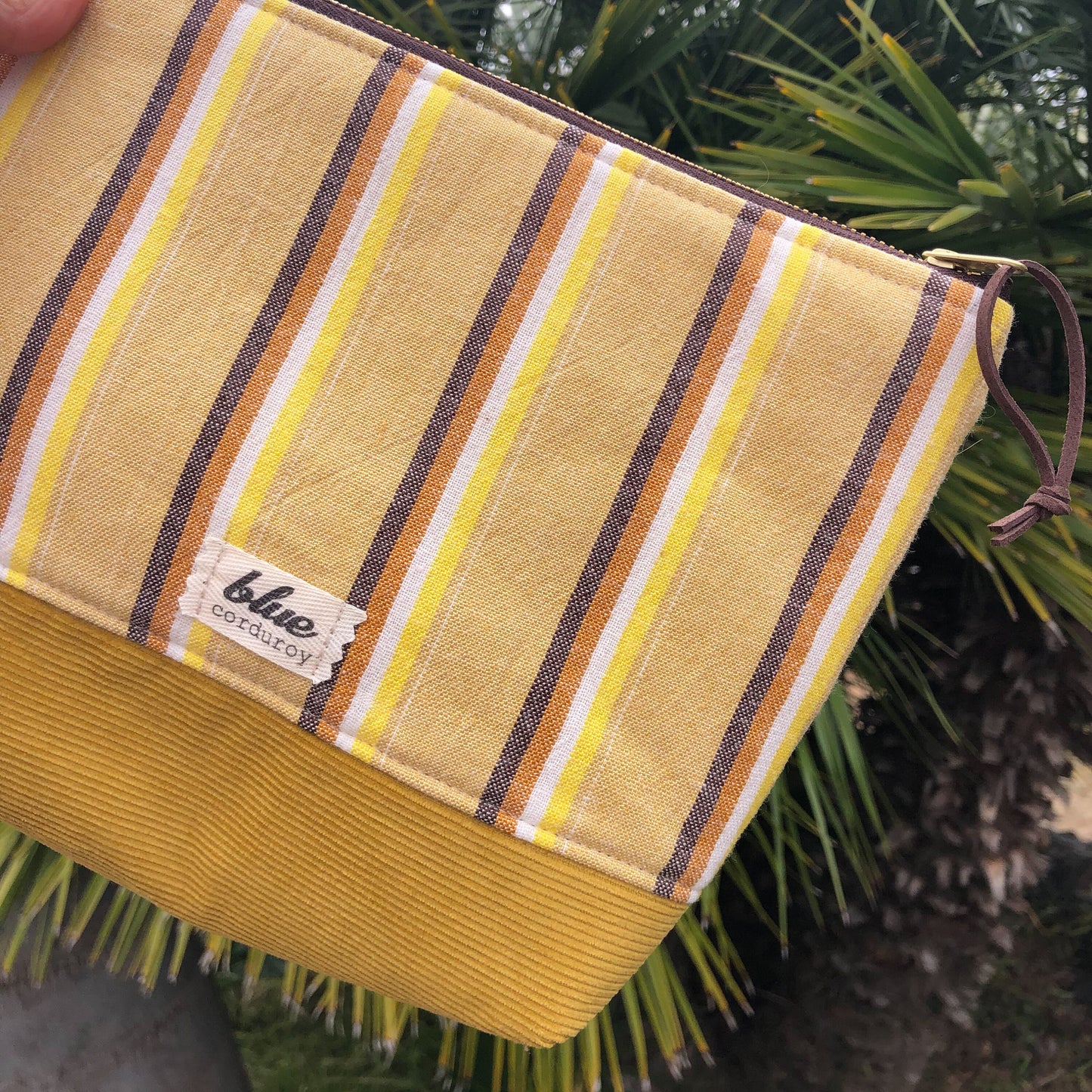 Beach Essentials Zipper Pouch, Mustard Yellow Woven Striped Bag, Travel Make up Bag, Art Supplies Pouch, Gift for Student, Gift for Traveler