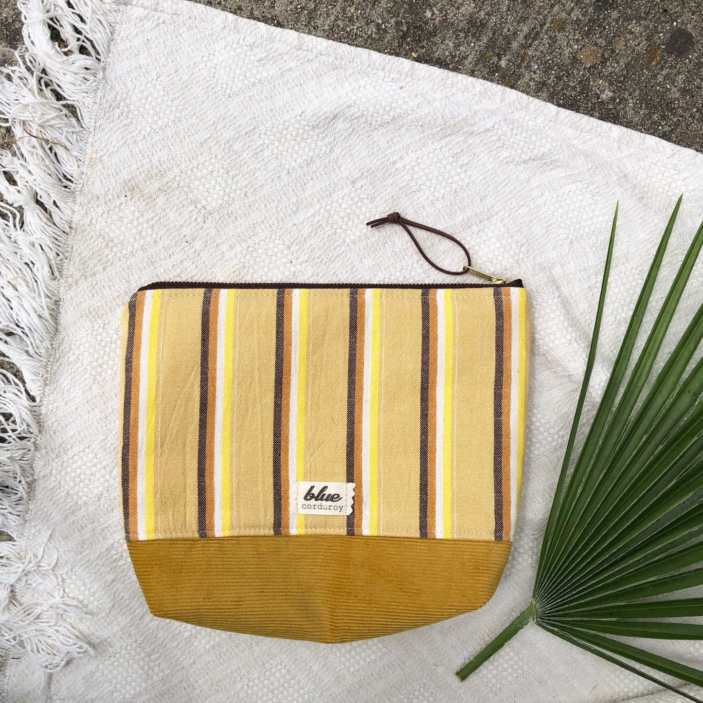 Beach Essentials Zipper Pouch, Mustard Yellow Woven Striped Bag, Travel Make up Bag, Art Supplies Pouch, Gift for Student, Gift for Traveler