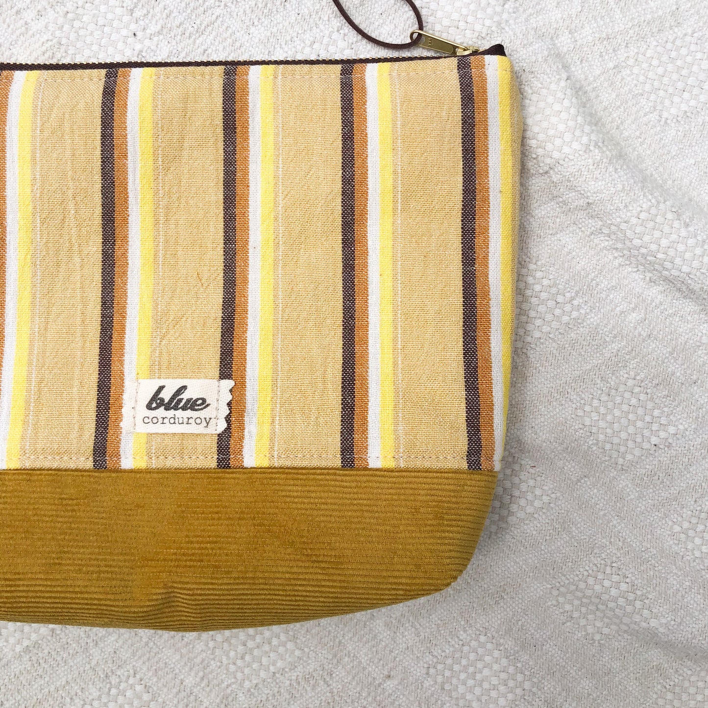 Beach Essentials Zipper Pouch, Mustard Yellow Woven Striped Bag, Travel Make up Bag, Art Supplies Pouch, Gift for Student, Gift for Traveler