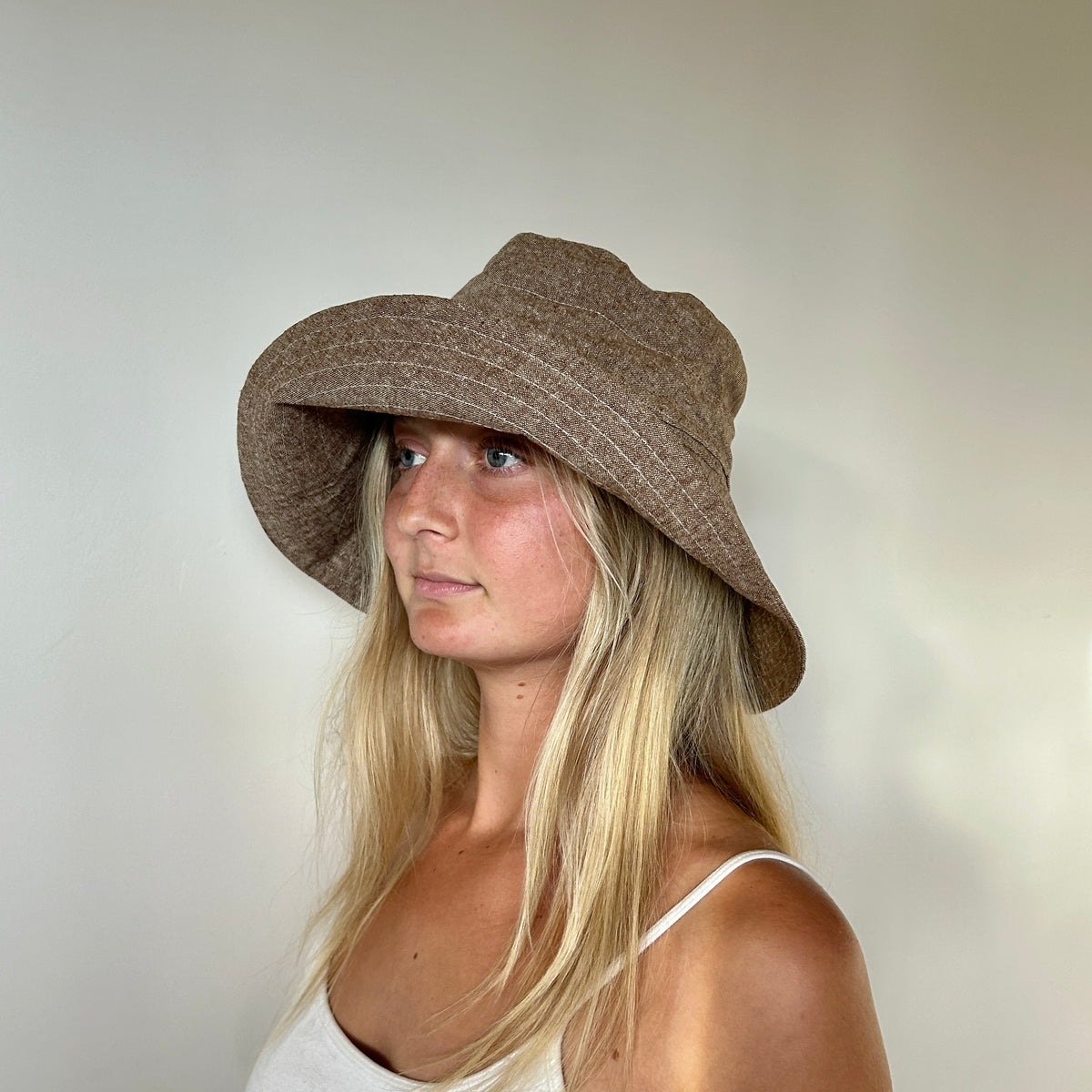 Linen Wide Brim Sun Hat with Tie - Light Brown