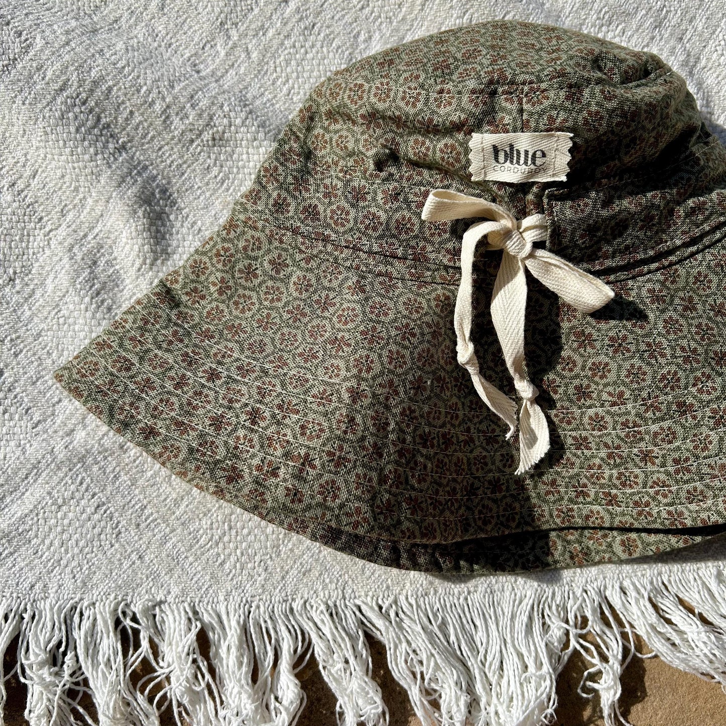 Cotton Wide Brim Sun Hat with Tie - Sage Floral