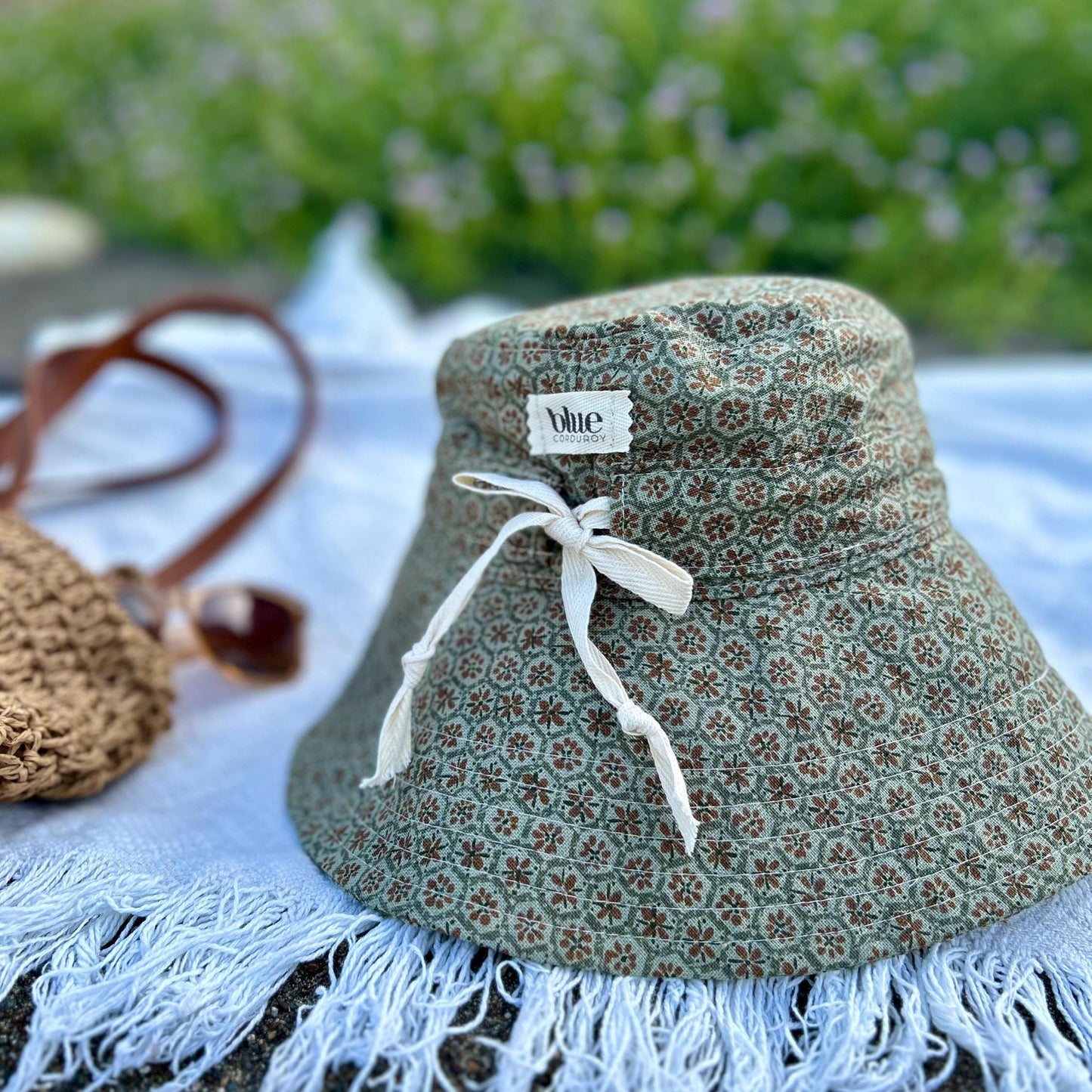 Cotton Wide Brim Sun Hat with Tie - Sage Floral