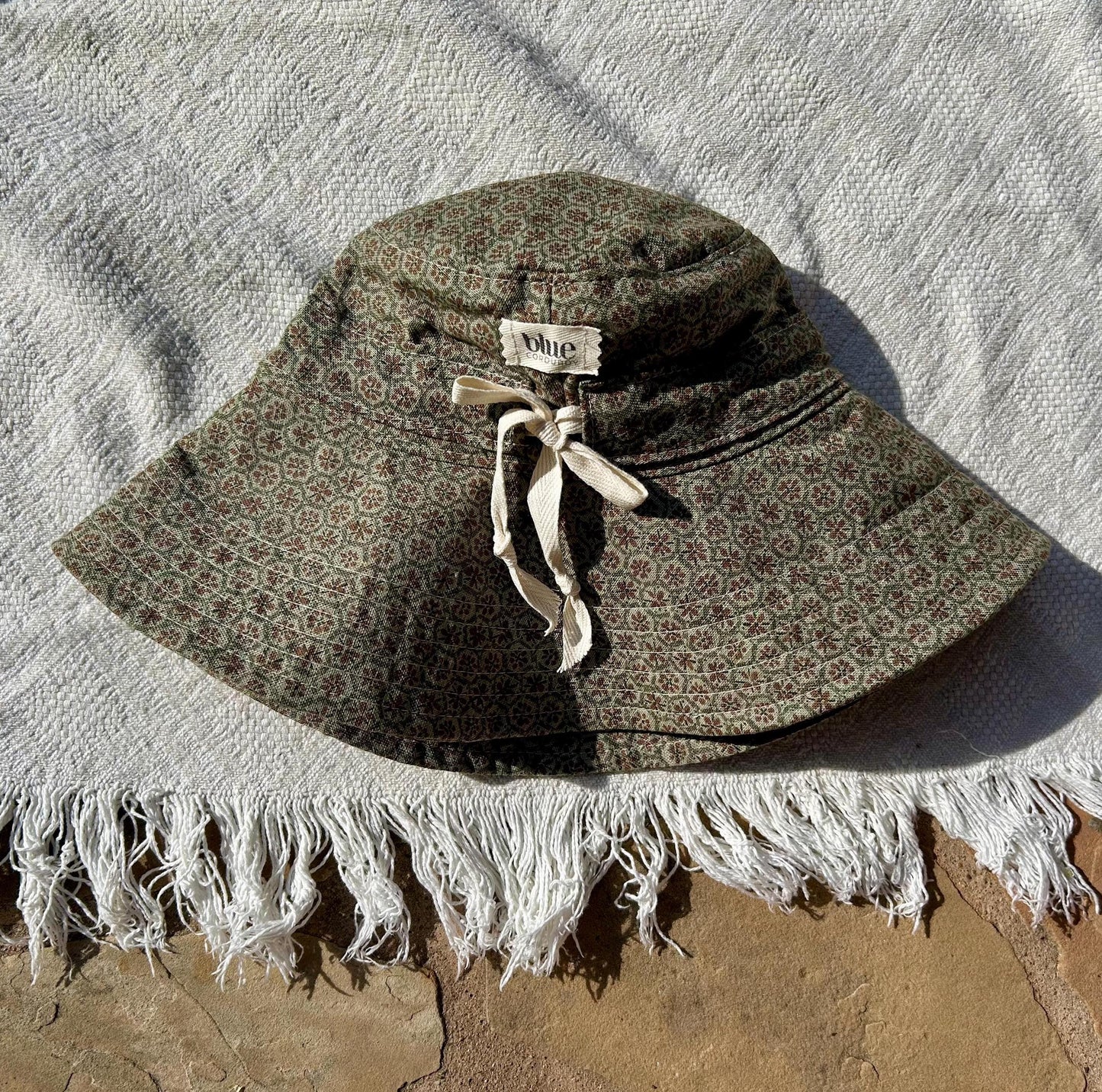 Cotton Wide Brim Sun Hat with Tie - Sage Floral