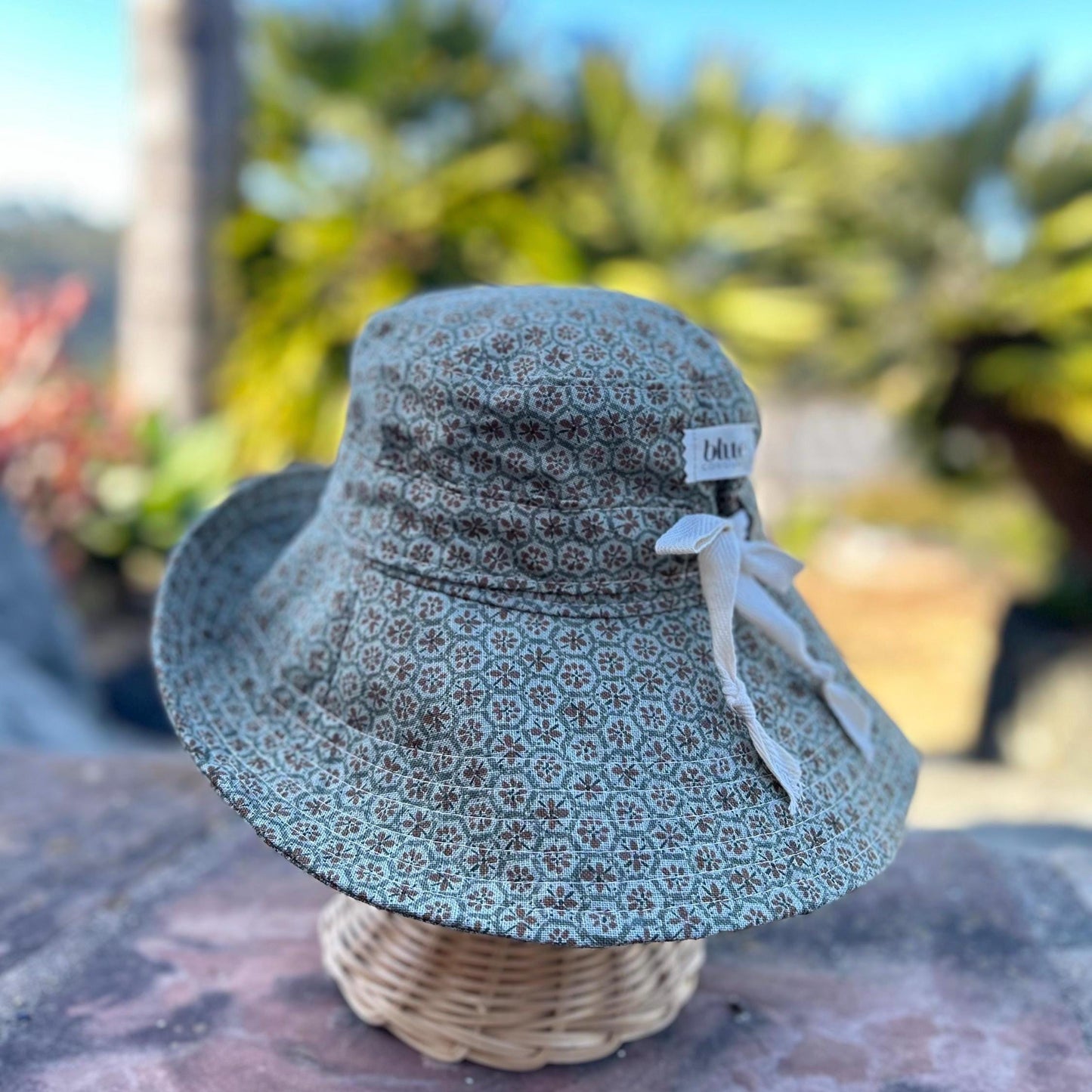 Cotton Wide Brim Sun Hat with Tie - Sage Floral