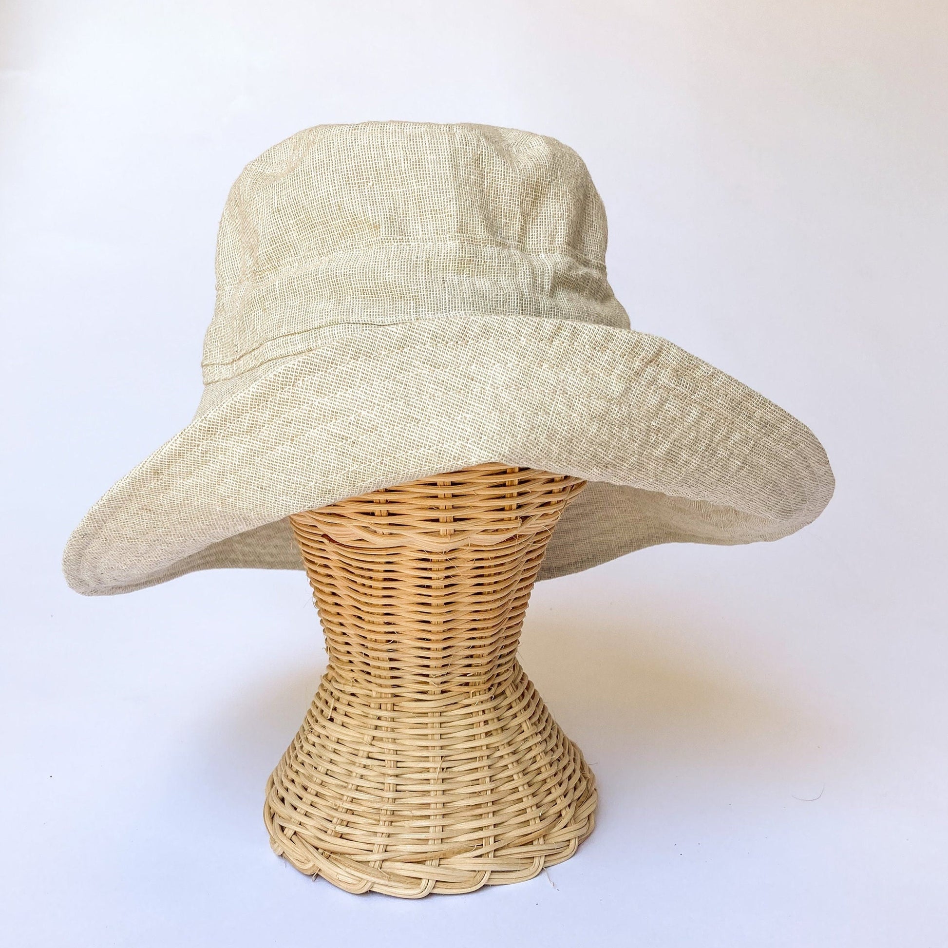 Linen Wide Brim Sun Hat with Tie - Beige