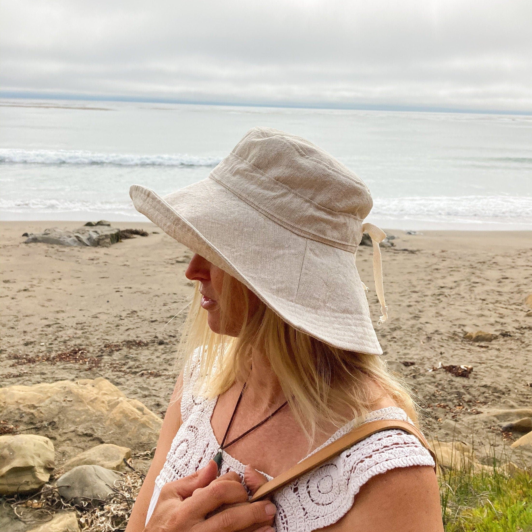 Linen Wide Brim Sun Hat with Tie Beige