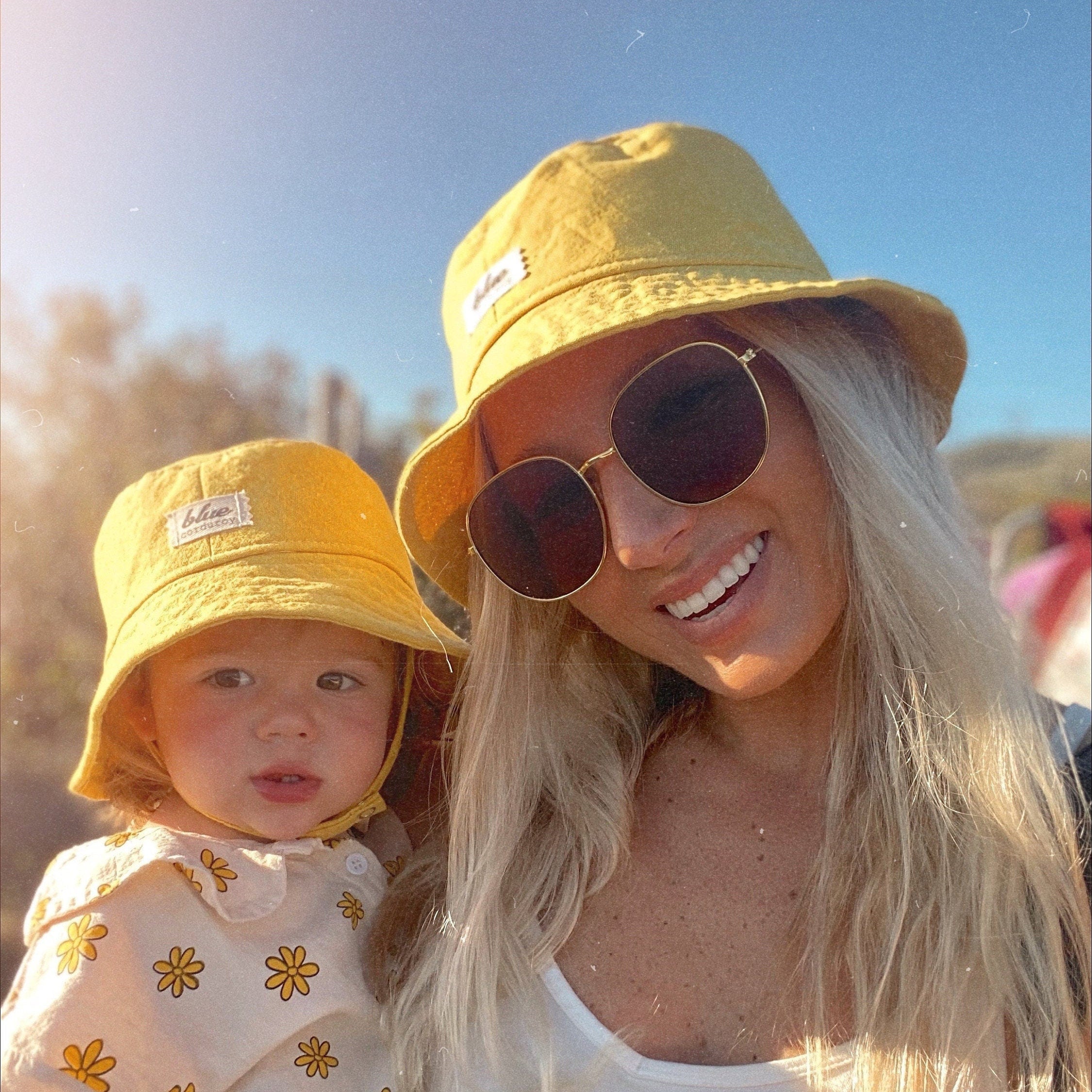 Matching Mommy and Baby Linen Bucket Hat Set Yellow Blue Corduroy