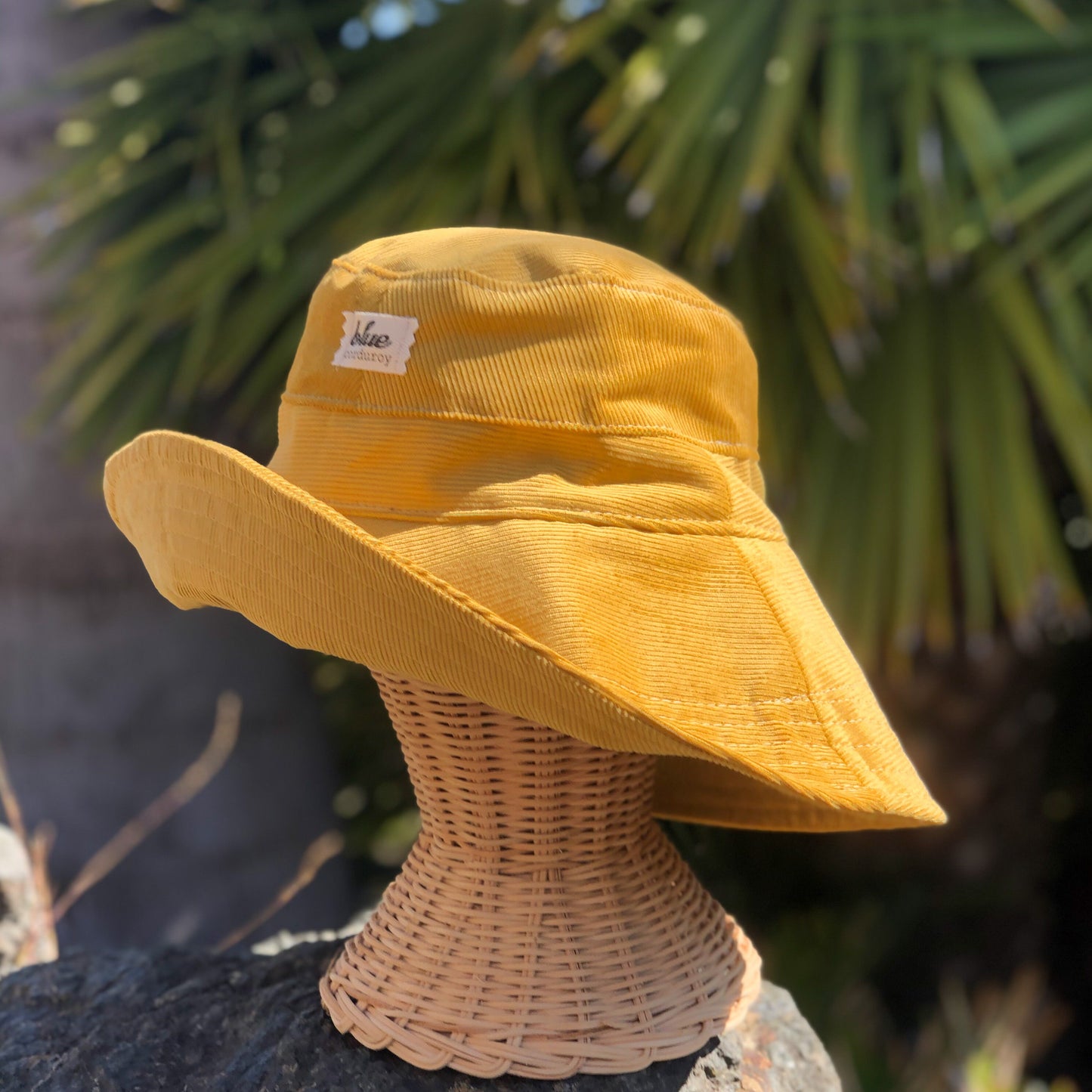 Yellow Wide Brim Bucket Hat, Corduroy Fabric Sun Hat, Boho Beach Hat, Packable Hat, Beach Style Gift for Her, Gardening Accessory